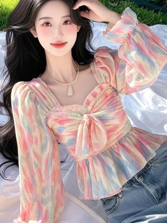 

ort Bubble Sve irt Women's Faion Square Collar Design Spring New Sle Casual Commute Fit Pure Color Ladies Top