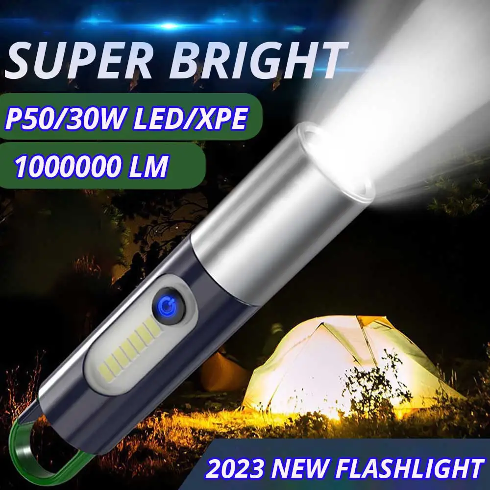 1000000 Lumens LED Flashlight with 30W-LED and Side Light Illumination 6500m Telescopic Zoom Waterproof Torch with Lampshade