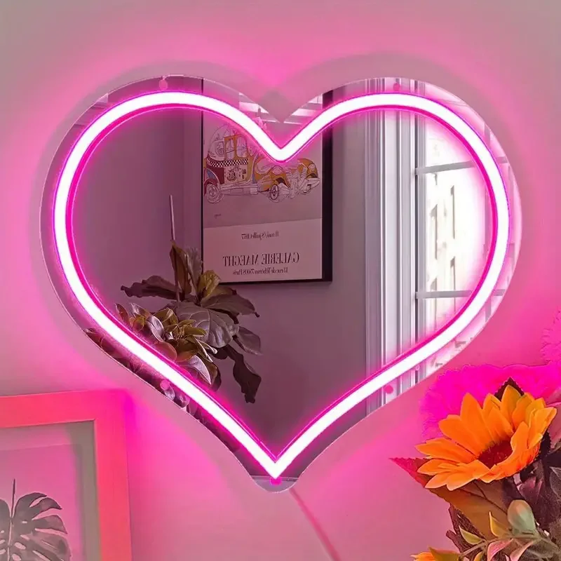 Love Mirror Neon Sign Bedroom Wall Decor Makeup Vanity Mirror Wedding Party Reception Room Decoration Romantic Birthday Gift