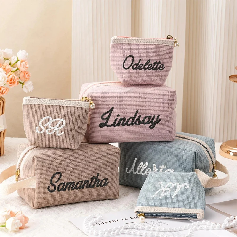 Personalized Embroidery Name Cosmetic Bag with Hand Waffle Style Pearl Zipper Makeup Bag Wedding Gifts Women Bride's Bridesmaid