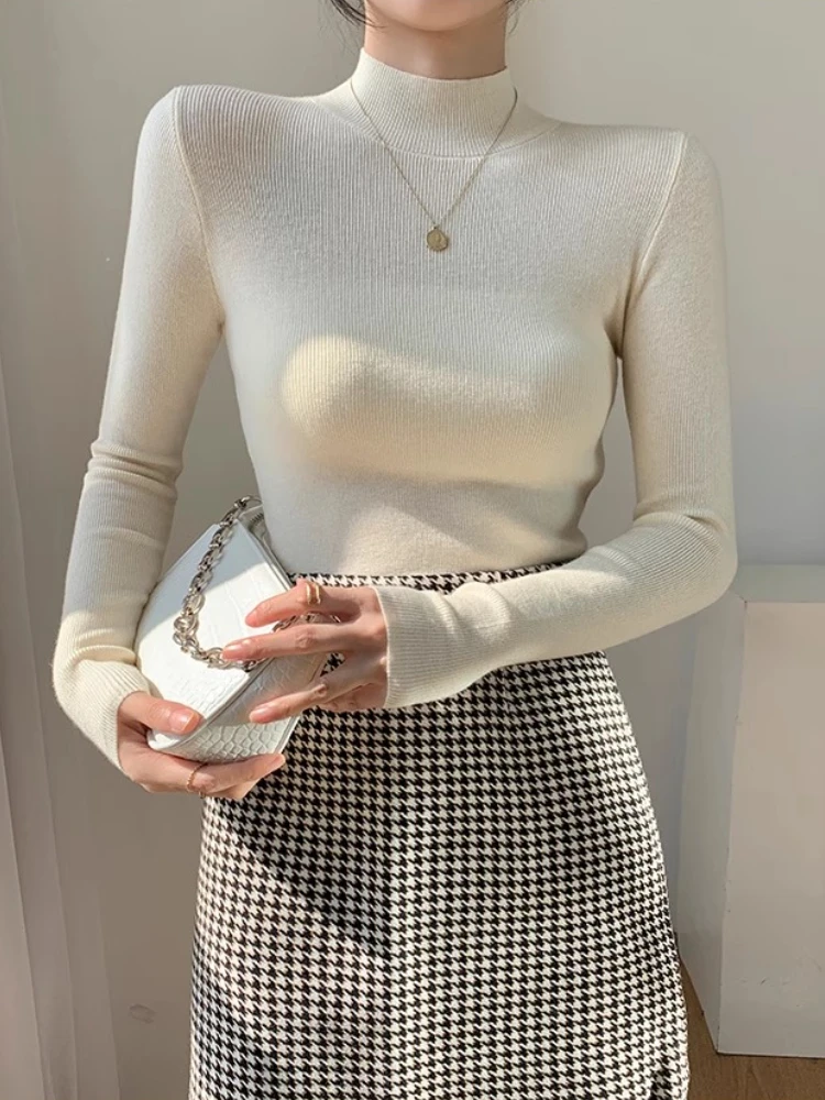 

2025 винтажные базовые однотонные вязаные топы, осенне-зимний женский свитер, повседневные тонкие пуловеры с воротником, корейский простой шикарный свитер