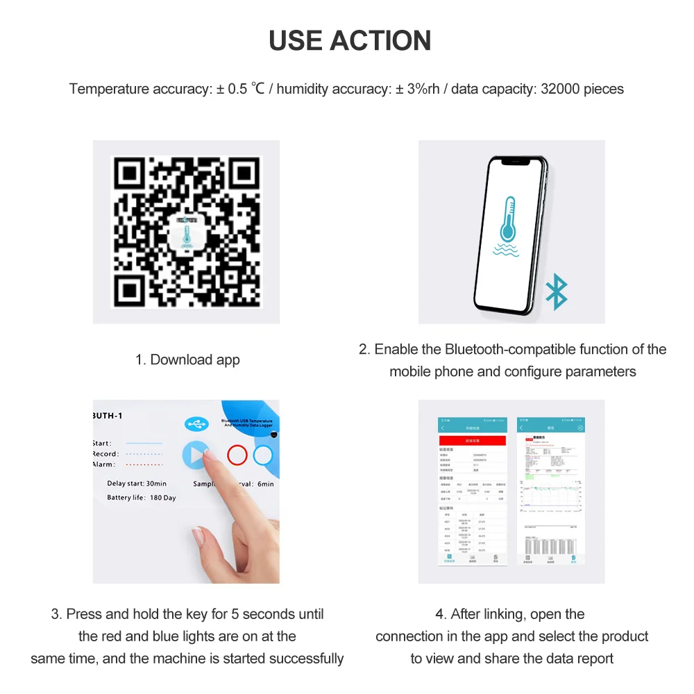 Temperatura sem fio e umidade Data Logger, 180 dias Data Recorder, 32000 pontos, adequado para medicina, alimentos, química Mobile App