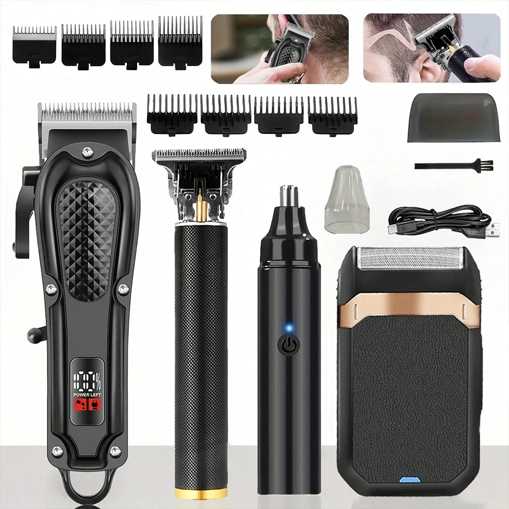 4-in-1 Electric Hair Clipper Set for Men Rechargeable Cordless Hair Trimmer Grooming Kit for Men Beard Cutting Machine Nose Hair Trimmer Electric Shaver Birthday Christmas Gift For Family