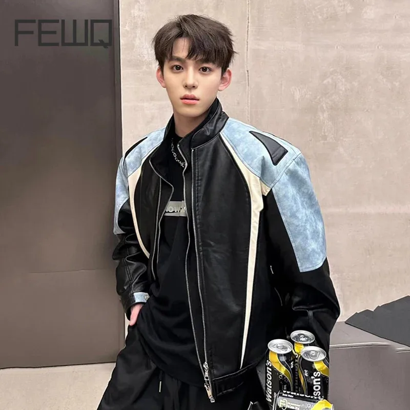 FEWQ Autumn American High Street PU Suede Jacket Baseball Jacket Trendy 2024 Contrast Color Male Tops Patchwork 24E1954