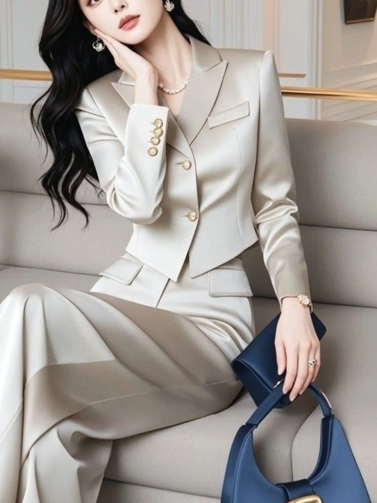 

Ele Faionable 2025 New Sle Small Fraance Wind Suit Jaet Pants Set for Women High End Sensation Spring Autumn