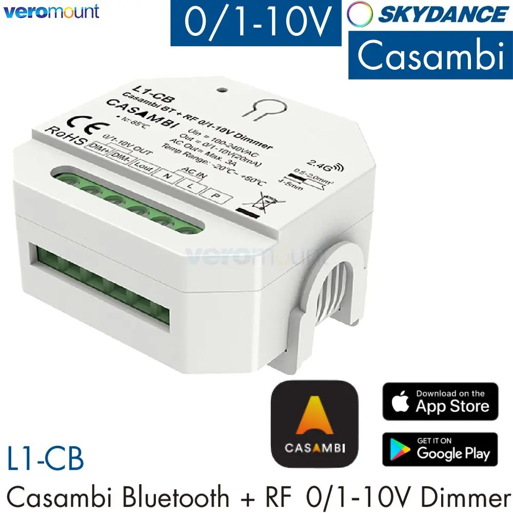 

Skydance L1-CB Casambi Bluetooth 2,4G RF 0/1-10 В Диммер AC110 220 В 1 канал * 3A Управление через приложение Push Dim для светодиодного драйвера с регулируемой яркостью 0/1-10 В