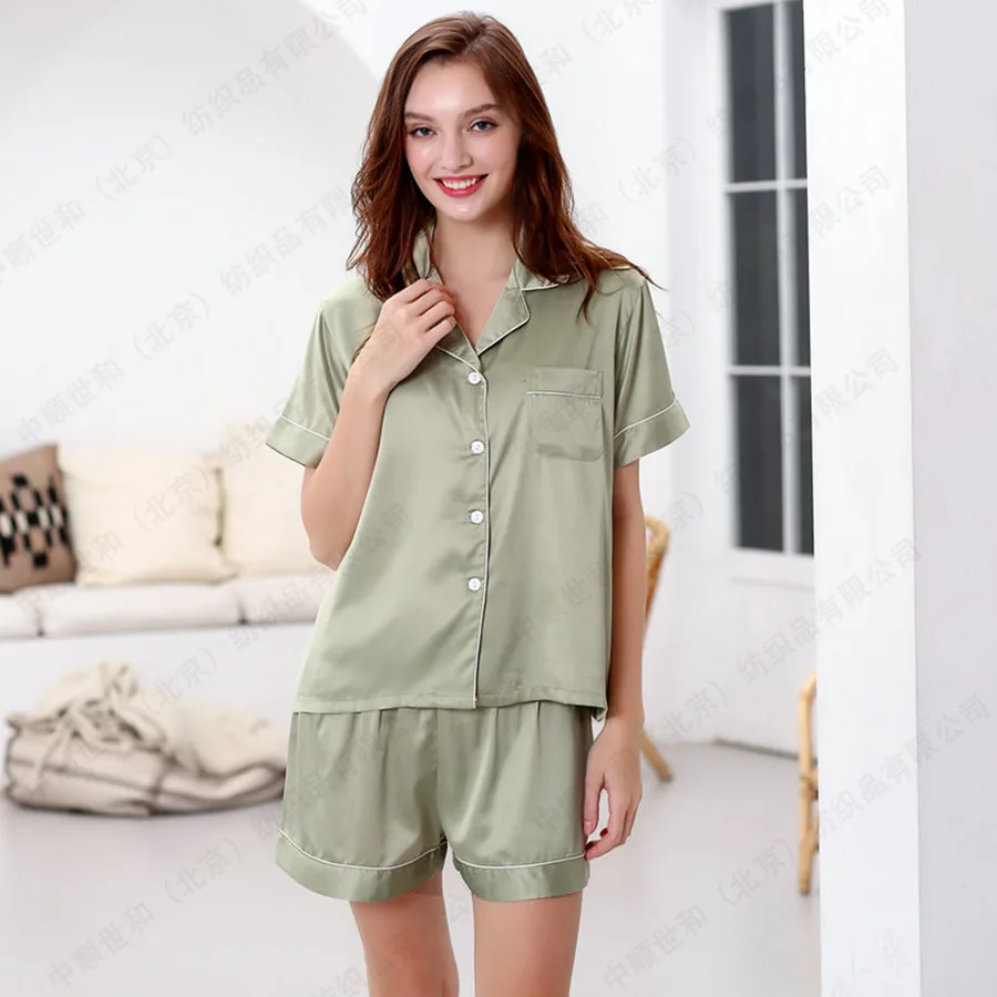 products European and American silk women\'s pajamas short-sleeved shorts imitation silk cardigan lapel pajamas set wholesale