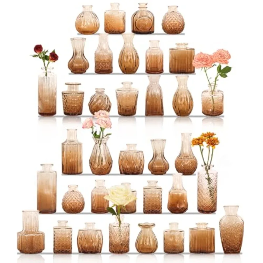 

36Pcs Bud Vases Set Small Vintage Glass Bottles Bud Vases in Bulk Multiple Shape Cute Glass Vases for Rustic Wedding Centerpiec