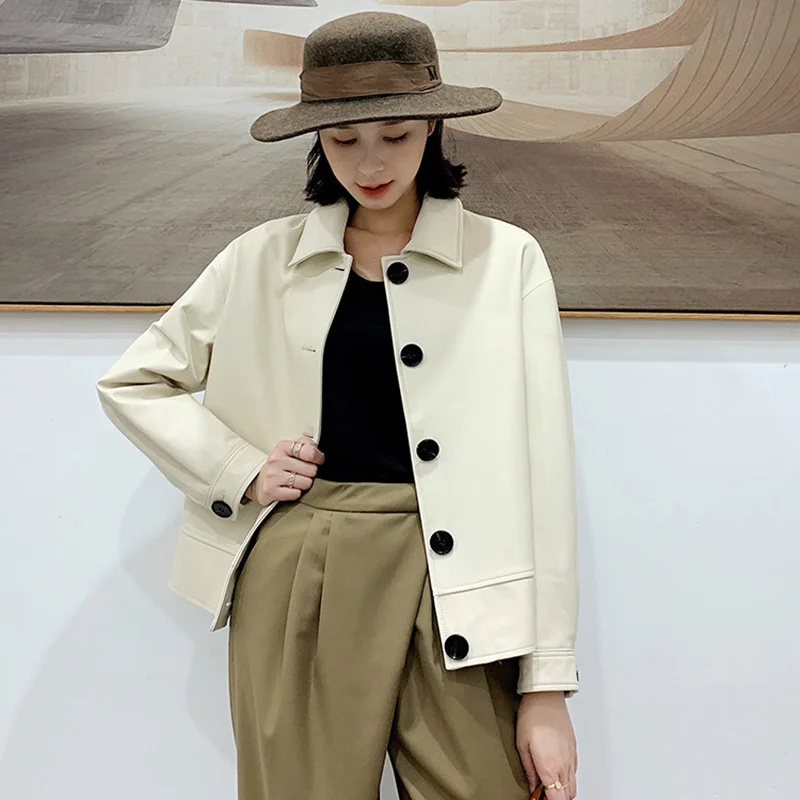 Genuine Fit Korean Slim Leather Jacket Women Casual Spring Autumn 100% Sheepskin Real Leather Short Coat Female White Outwear