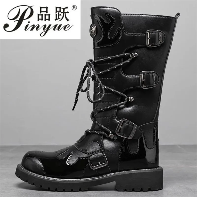 Men Motorcycle Boots Fashion Mid-Calf Punk Rock Punk Shoes Mens PU Leather Black High top Casual Boot Man 38-46