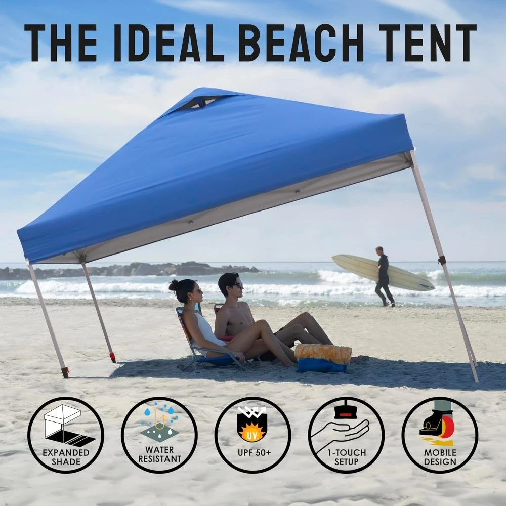 Tente à baldaquin pop-up 10x10 – Tente de plage à baldaquin extérieur instantanée à verrouillage central breveté à une poussée avec sac STO-N-Go, 8 piquets et 4 sable