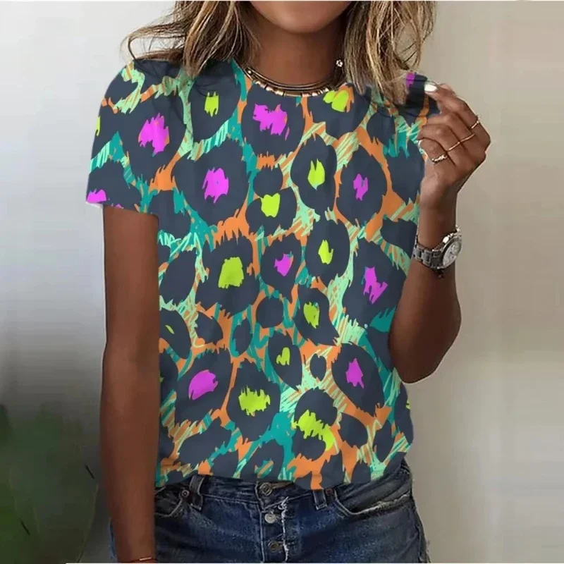 

Женская футболка с коротким рукавом с 3D принтом и леопардовым принтом, футболка с круглым вырезом, повседневная популярная Harajuku, свободная женская одежда больших размеров