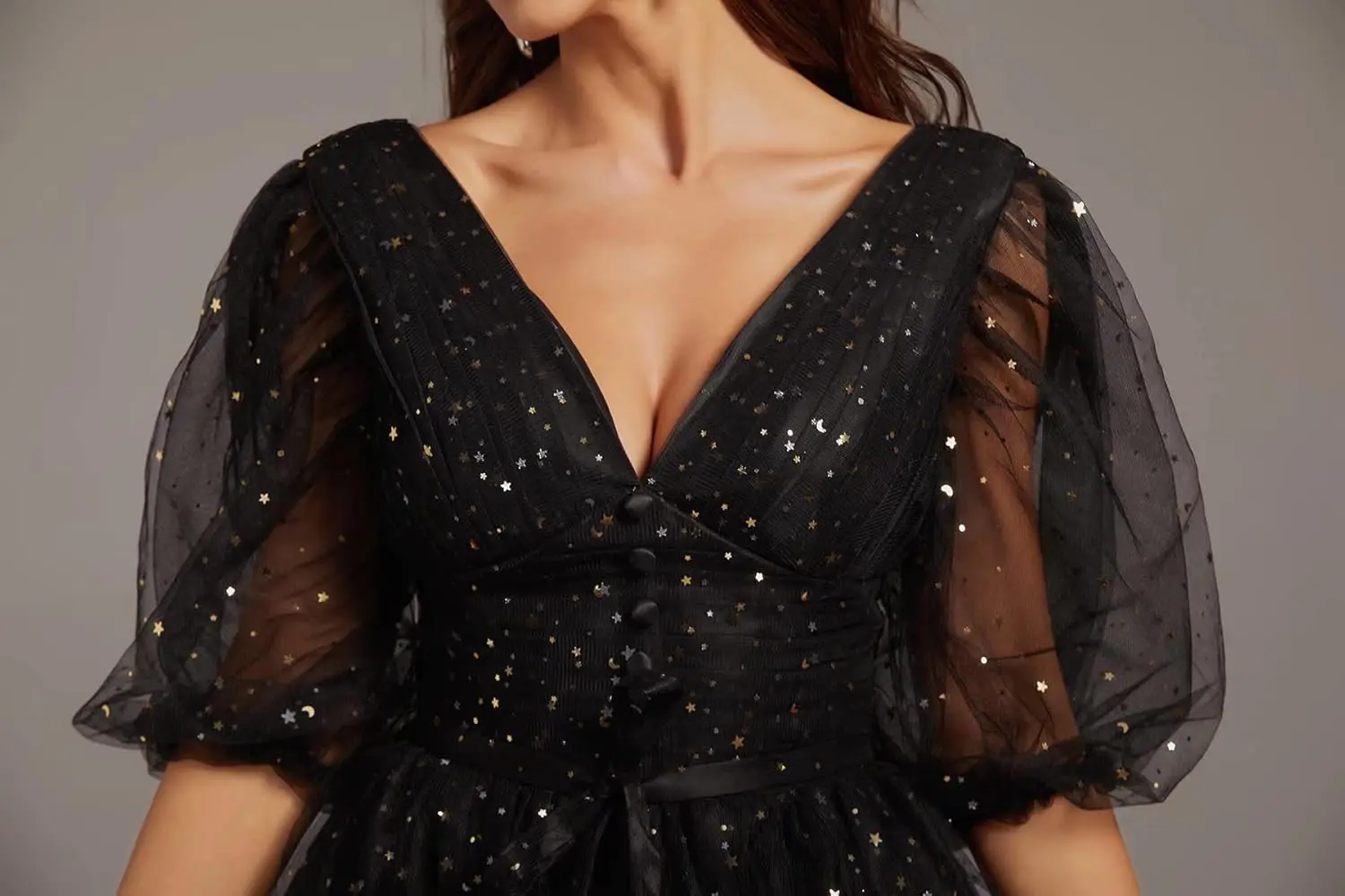 ชุดราตรีผ้าทูลล์แต่งดาวระยิบระยับสำหรับผู้หญิง แขนพอง ผ่าข้าง ชุดออกงานกลางคืน ชุดงานพรอม ชุดเดรสหรูหราสำหรับงานกลับบ้าน