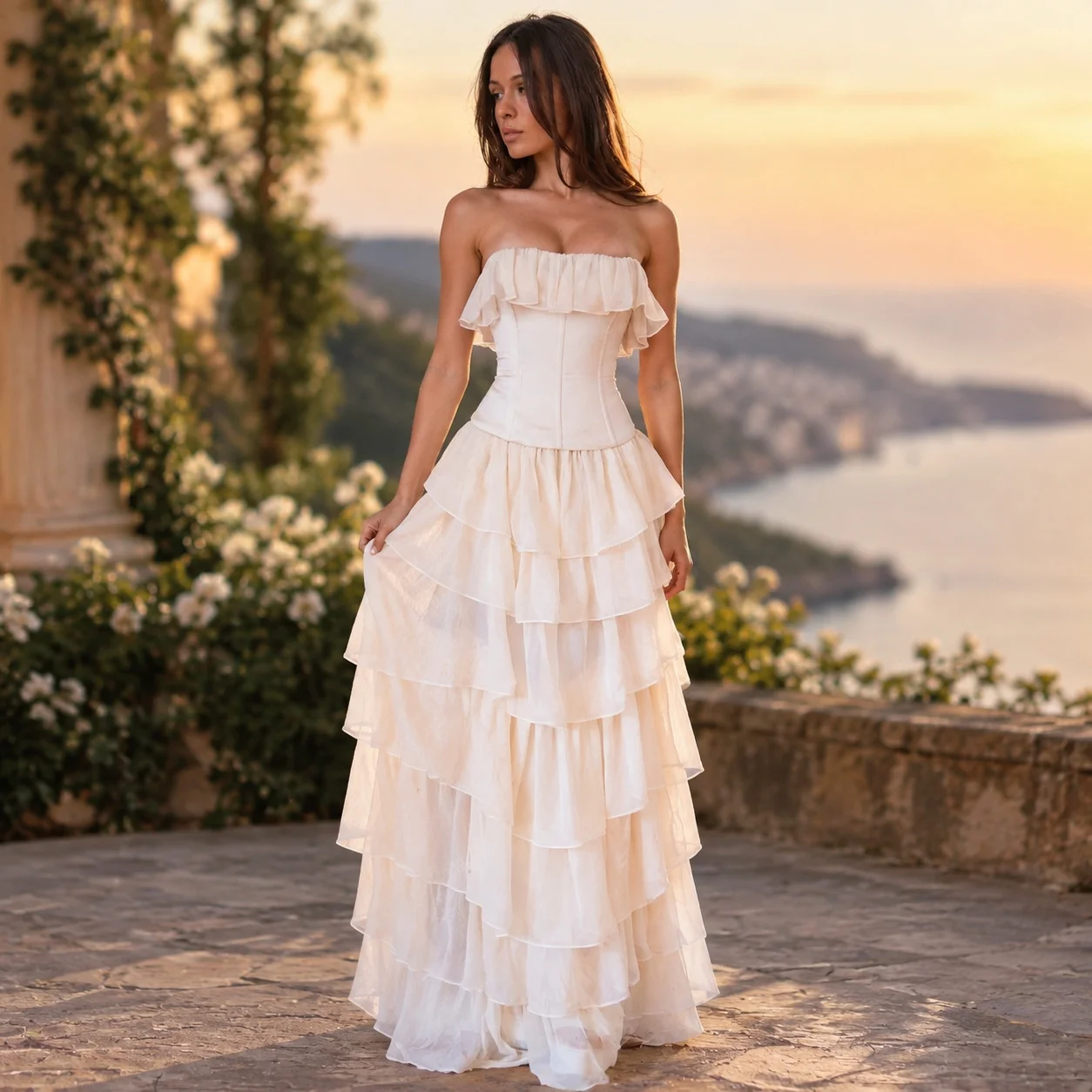 Two Set Off Shoulder Set Maxi Length Elegant Style with Pleated Dress Princess Silhouette Pleated Daily Camping Dress for Women