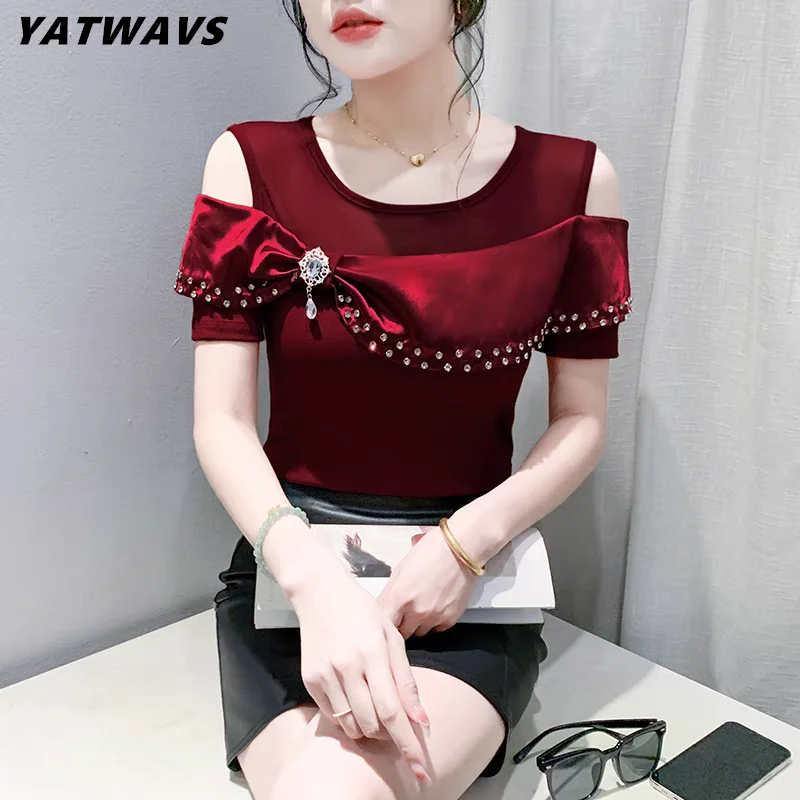 

New European Clothes T-Shirt For Women Sexy O-Neck Shiny Diamonds Tops Classic Summer Female Short Sleeve Slim Cotton Tees Shirt