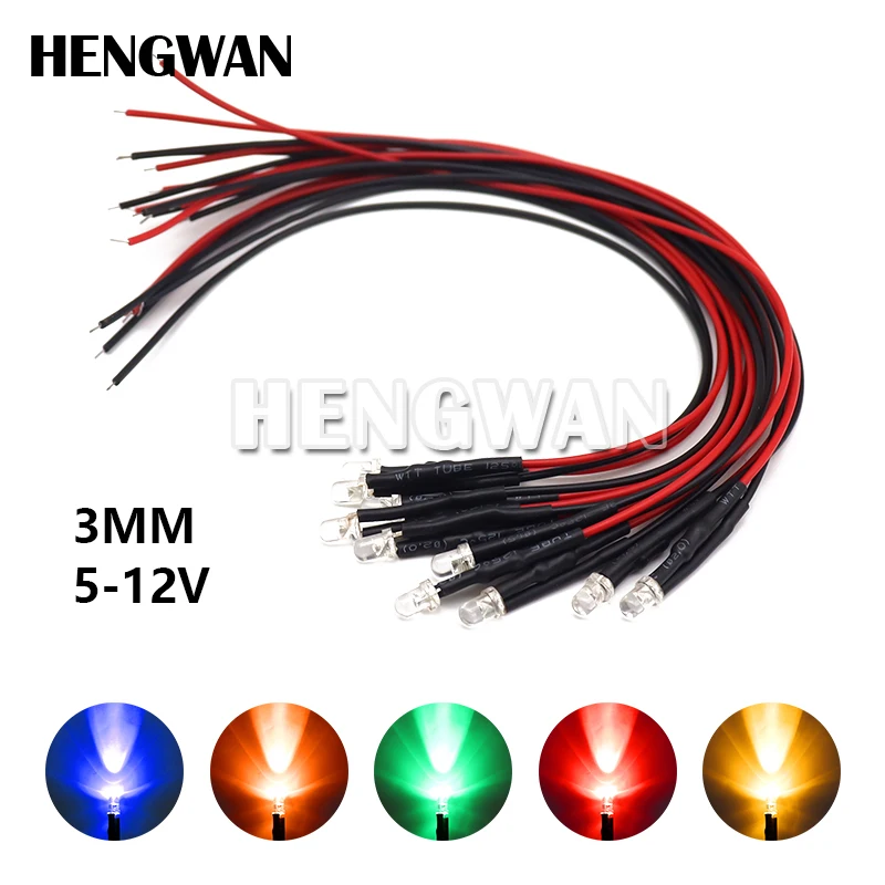 10PCS 3mm LED 5-12V 20cm Pre-wired White Red Green Blue Yellow UV RGB Diode Lamp Decoration Light Emitting Diodes Pre-soldered