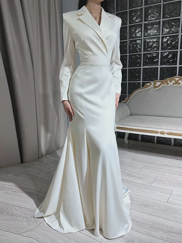 

Элегантное вечернее платье с высокой талией, длинными рукавами и воротником-стойкой, стройнящее, для высоких женщин, в простом стиле