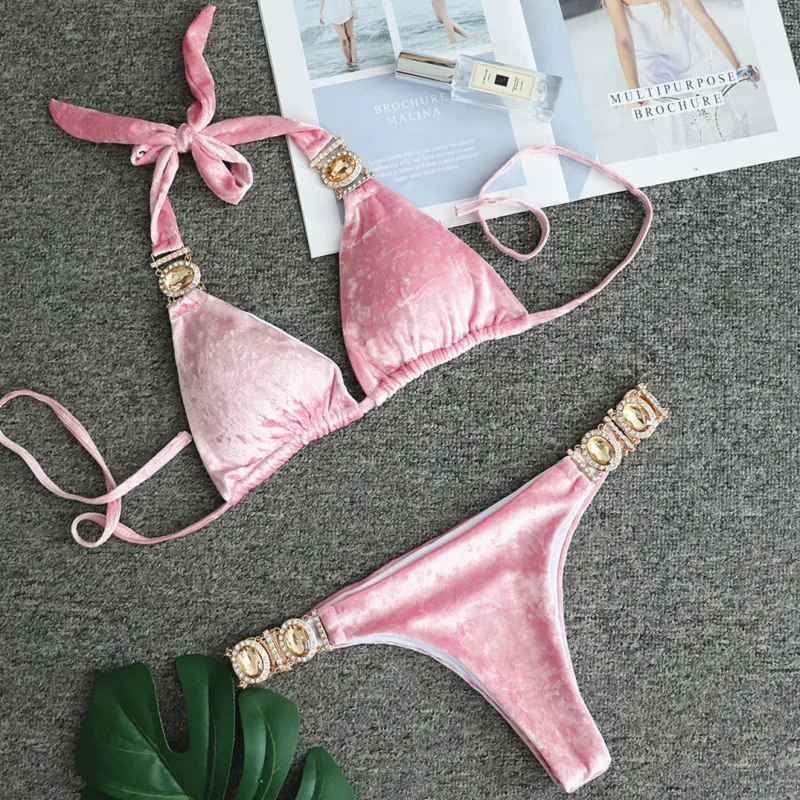 Summer Sexy Bikinis Swimsuit With Rhinestones Female Swimwear Push Up Bikini Beachwear Swimming Bathing Suits Women Bather 2025