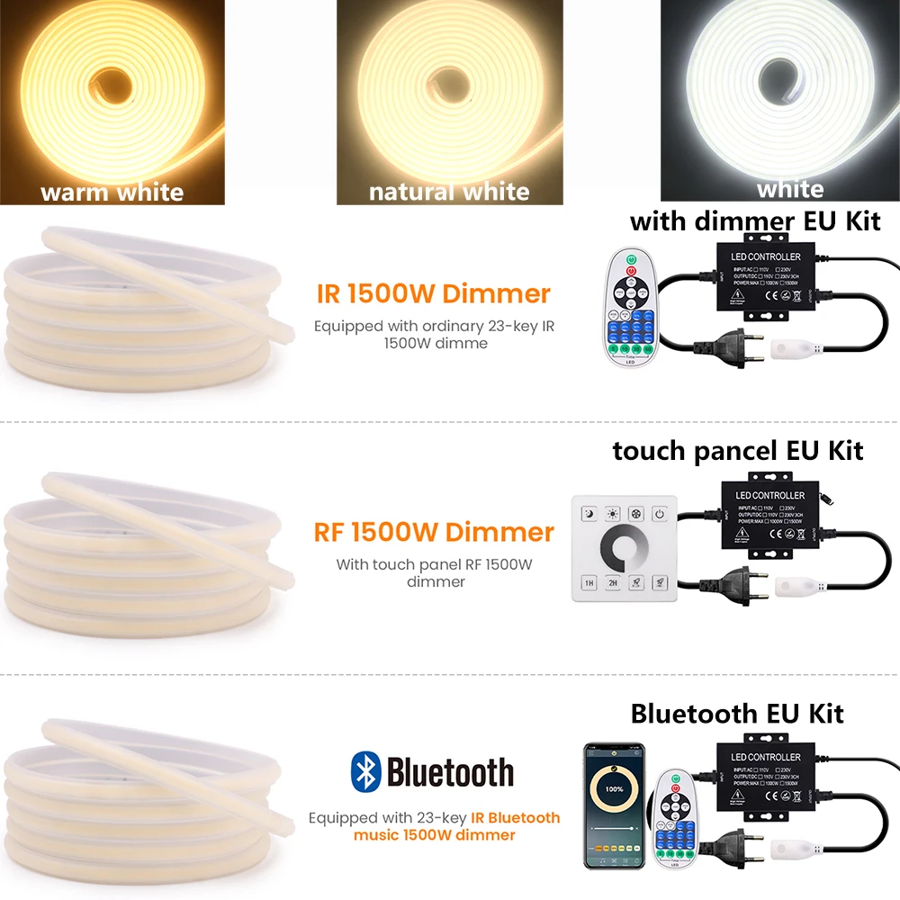 220V Dimmable COB LED Neon Strip Light 50m 100m Bluetooth Wall Touch Remote 1500W EU Kit Flex Lamp 288LED 3000K 4000K 6000K 0.5m