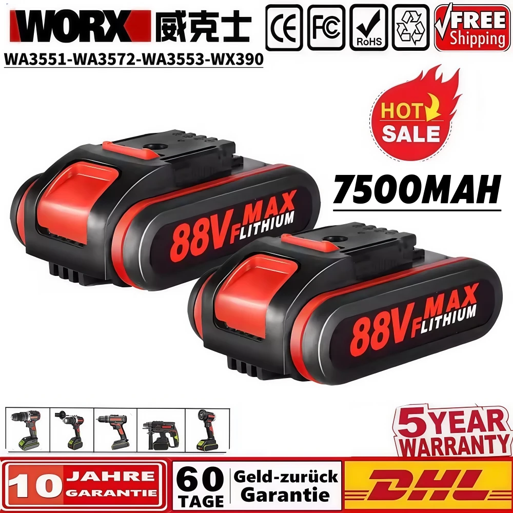 100% New 88VF 7500mAh Rechargeable Lithium Battery For Worx 36VF 48VF 88VF Cordless Screwdriver Power Tools Replacement Battery