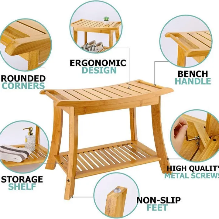 Bathroom 2-story bath Spa seat Non-slip bamboo corner Shower stool with storage shelf Adults the elderly