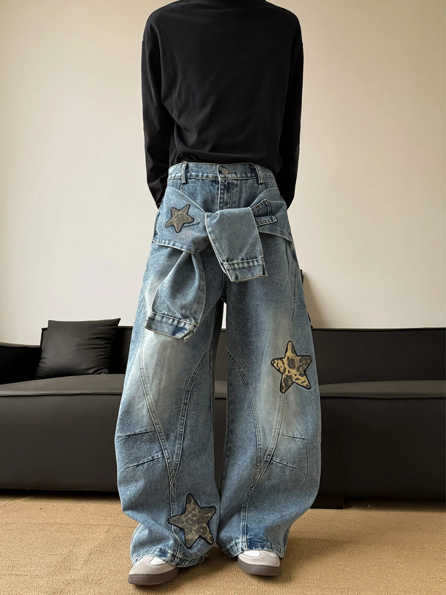 Retro American Leopard Print Star Patchwork Men's Jeans Wide Leg Casual Trousers Vintage Washed Loose Fit Straight Tube Pants