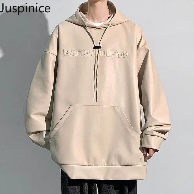 

American Style Retro Pu Leather Hooded Sweatshirt Men's Loose Casual High Street Personality Handsome Hoodies Male Clothes