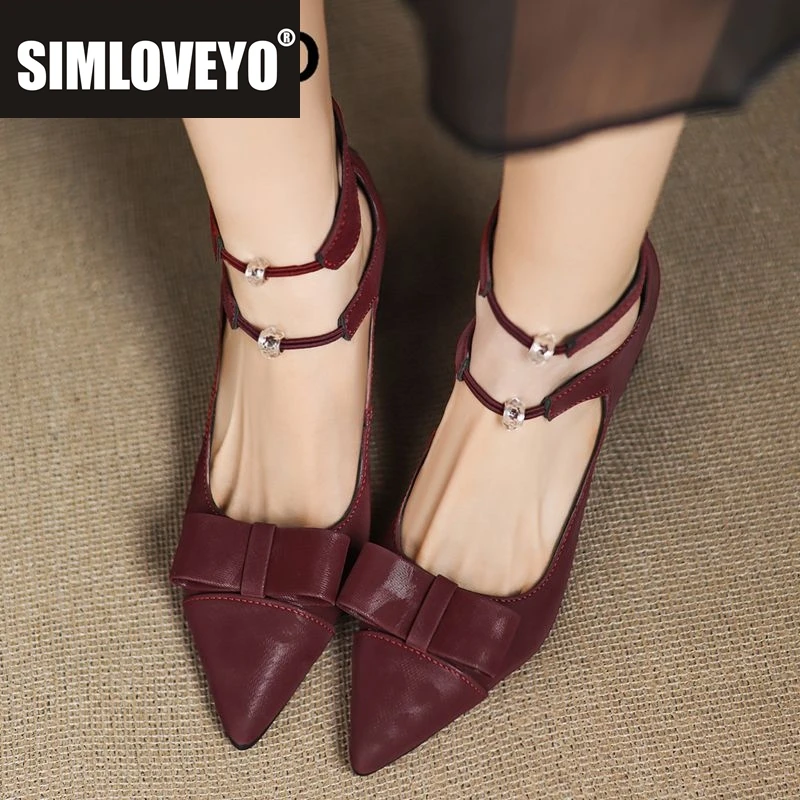 SIMLOVEYO Ladies Pointed Toe Thick Chunk Heel 8 cm Side Zip Dual Fastener Band Bow Accent Ladies Footwear Extra Sizes 41 42 43