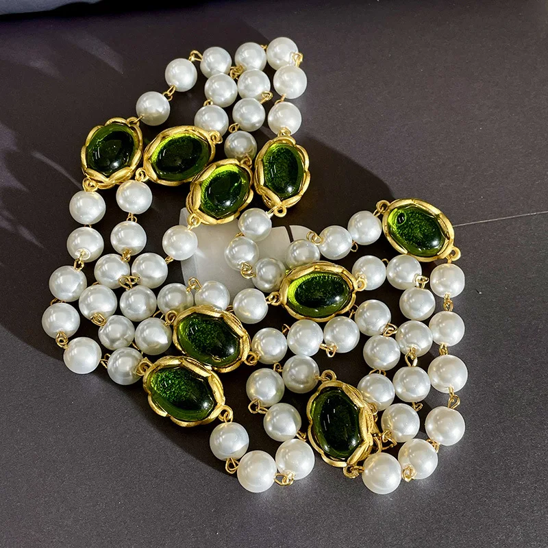 Pearls Necklaces for Women Winter Sweater Chain Palace Style Vintage Jewelry Fashion Elegant Collares Para Mujer Green Glaze