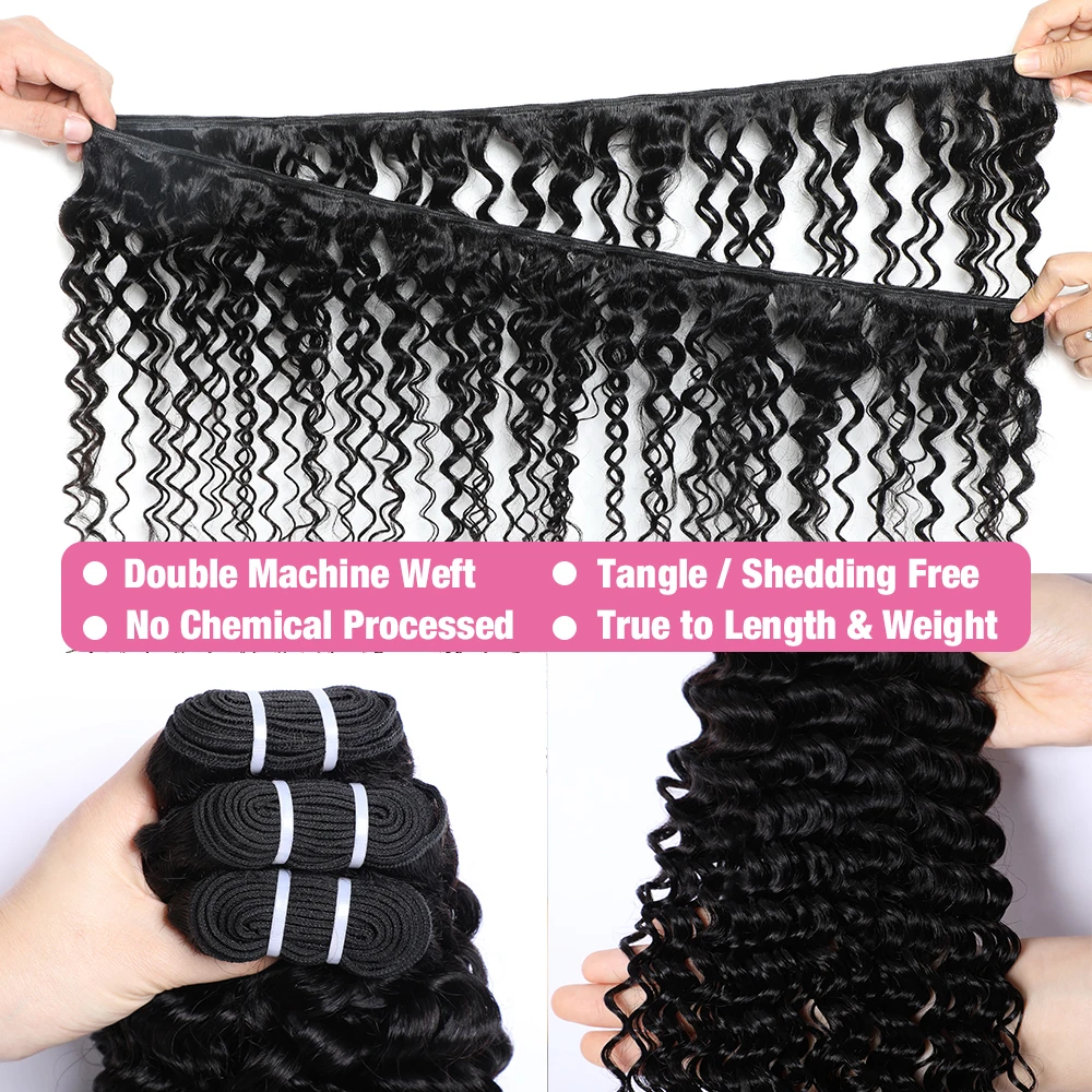 Megeen Deep Curly Wave Human Hair Bundels Brazilian 12a Weave Hair Extensions 3 Bundels Deal 95-100G Ture To Length 1b Zwart