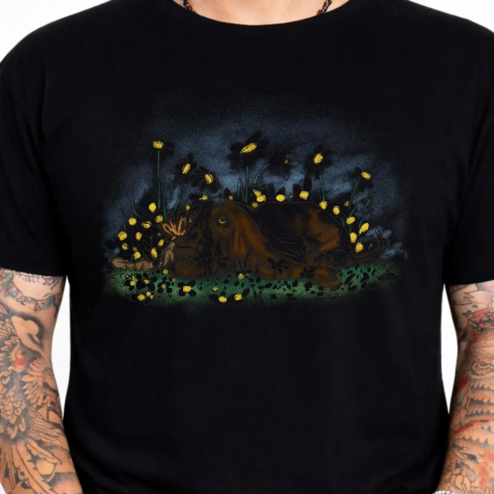 Basset Hound Firefly Night Floral T Shirt Dog Lover Nature Art vintage Washed Casual Slightly streetwear Breathable