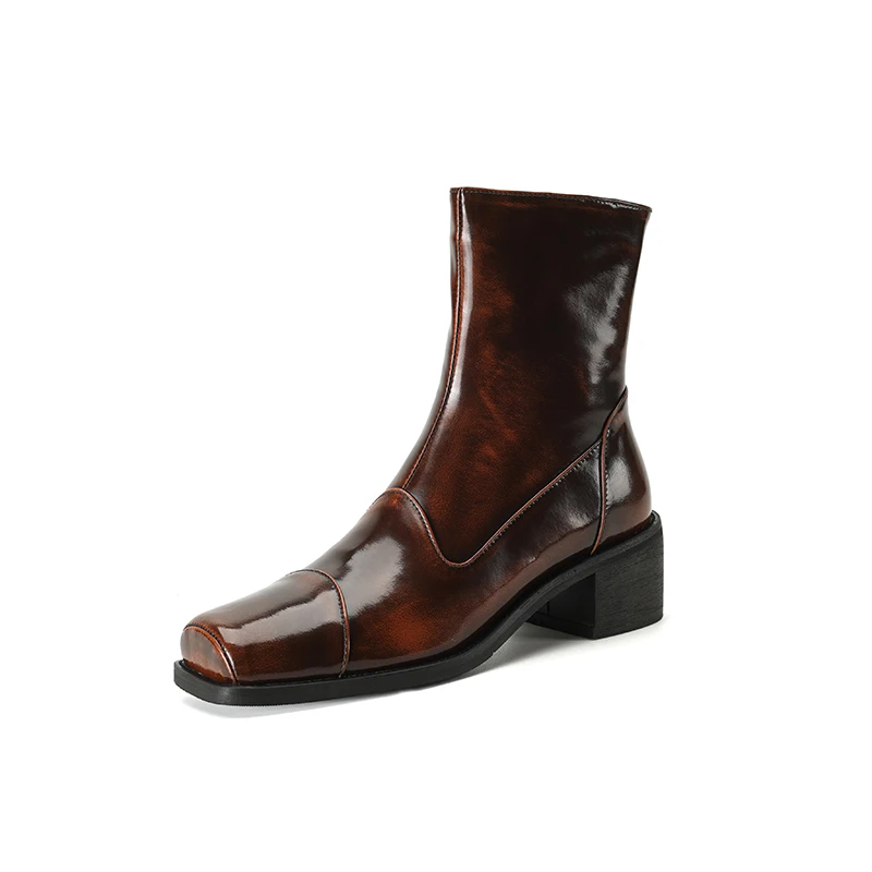 Bottes de rinçage à talons optiques pour femmes, style rétro, chaussures en cuir véritable, fermeture à glissière latérale carrée, Parker Office Lady, automne, hiver, nouveau, 2024