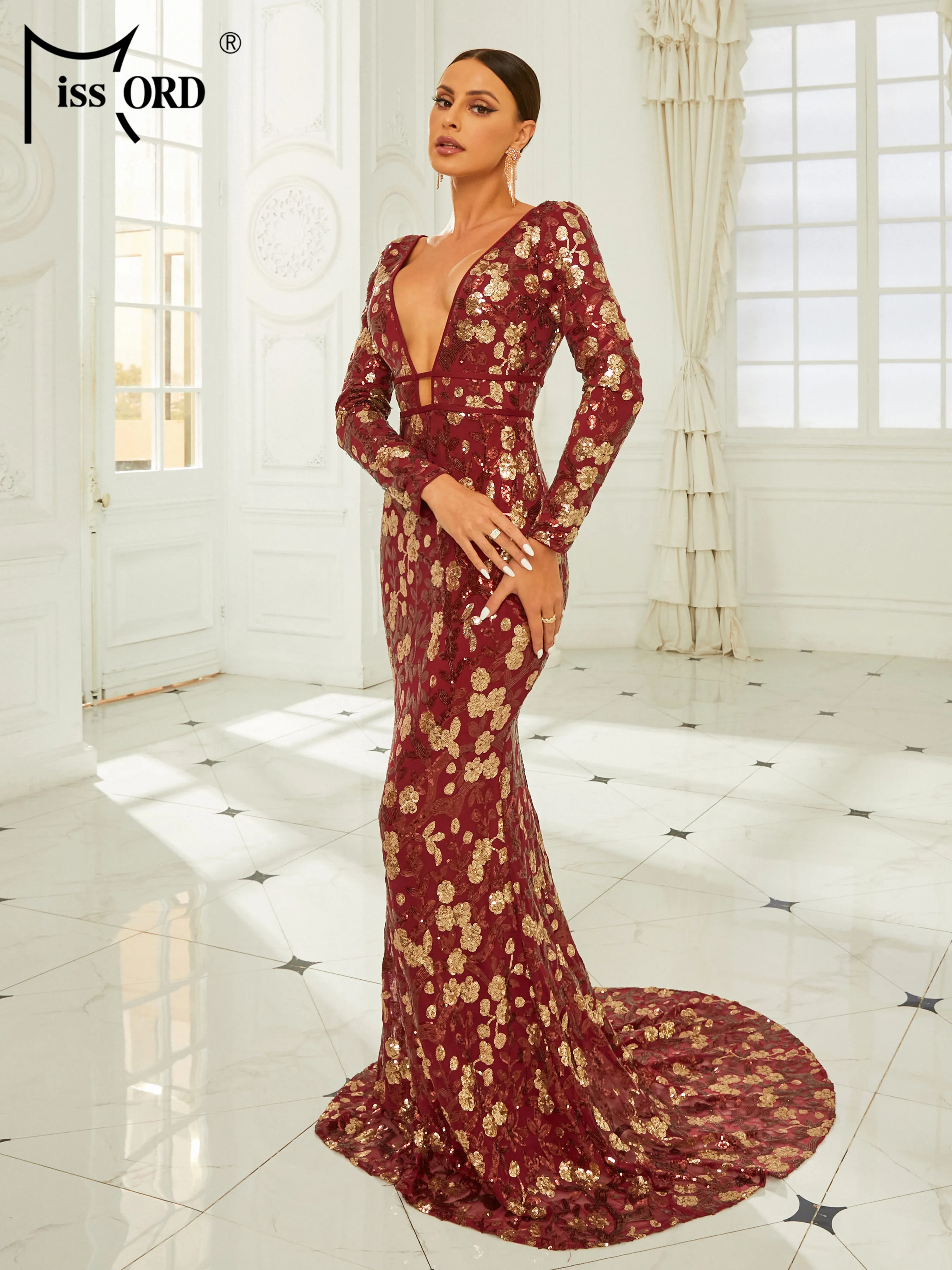 Missord 2024 Wine Floral Sequin Evening Dress Elegant Women Long Sleeve V Neck Bodycon Maxi Mermaid Party Prom Dresses Gown