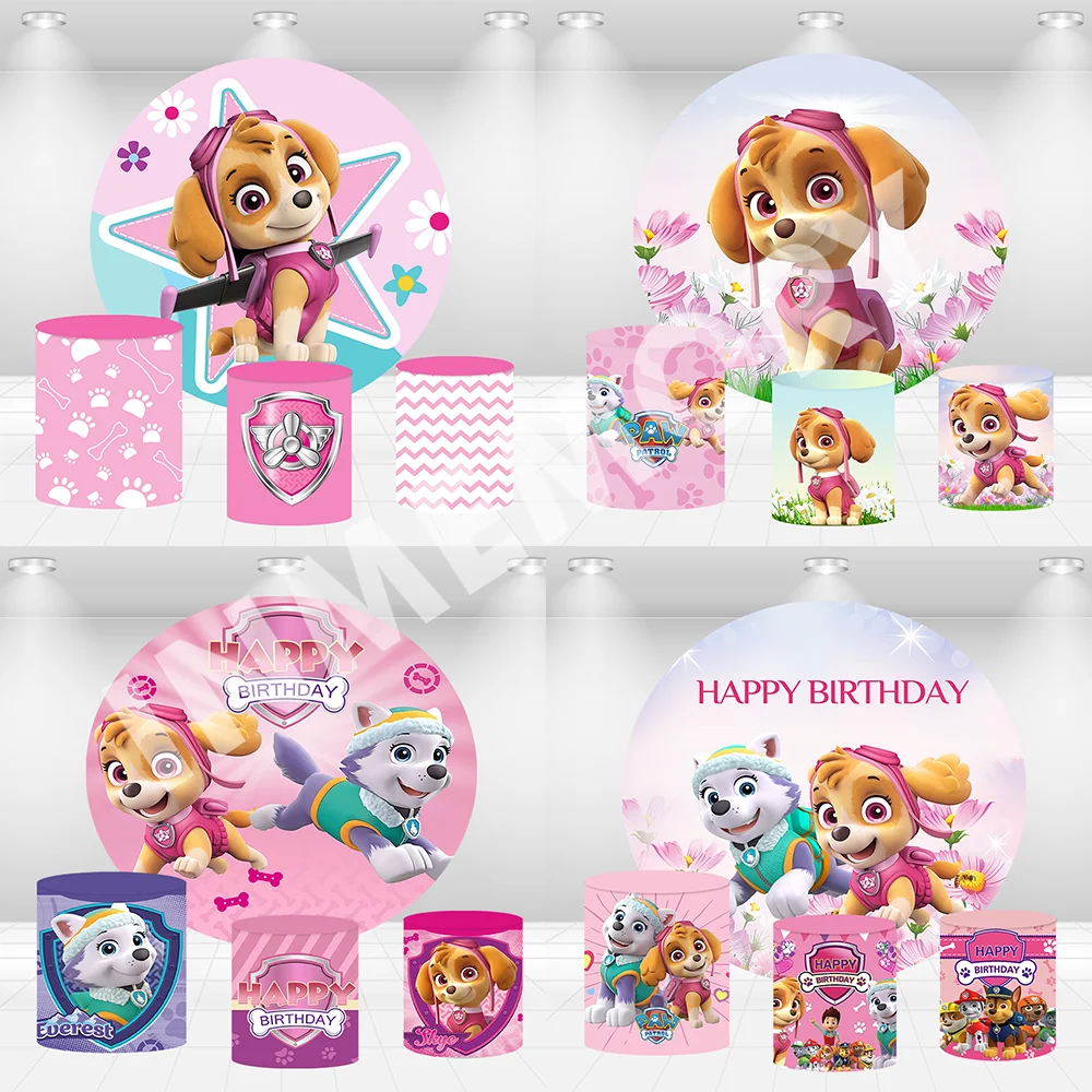 

Round Backdrop Cover Paw Patrol Pink Birthday Skye Theme Party Decorations Girls Baby Shower Circle Banner Cylinder Cover