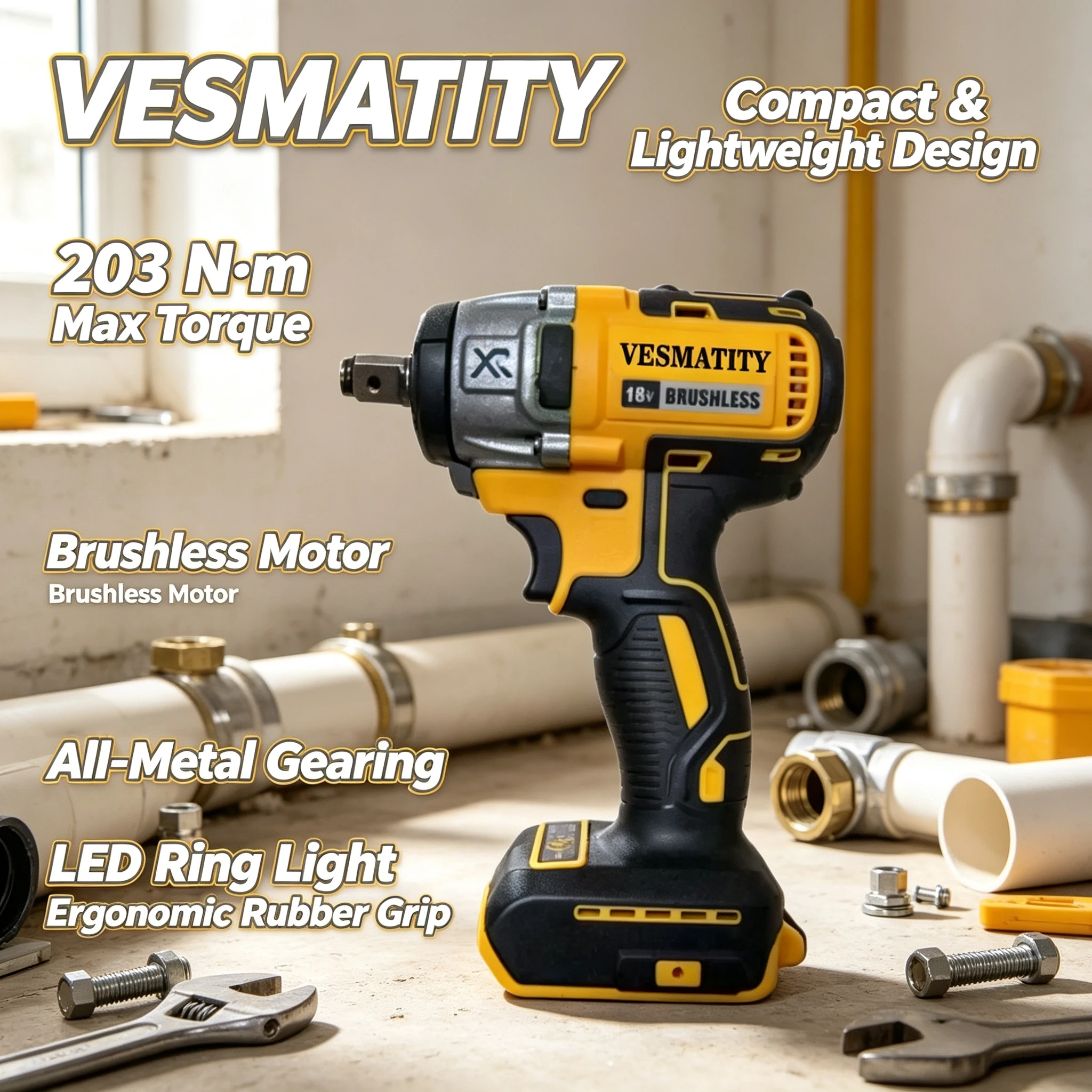 Vesmatity 205Nm Brushless Impact Driver DCF880 3250RPM 3800IPM Cordless Drill for 18V 20V Battery Pro System