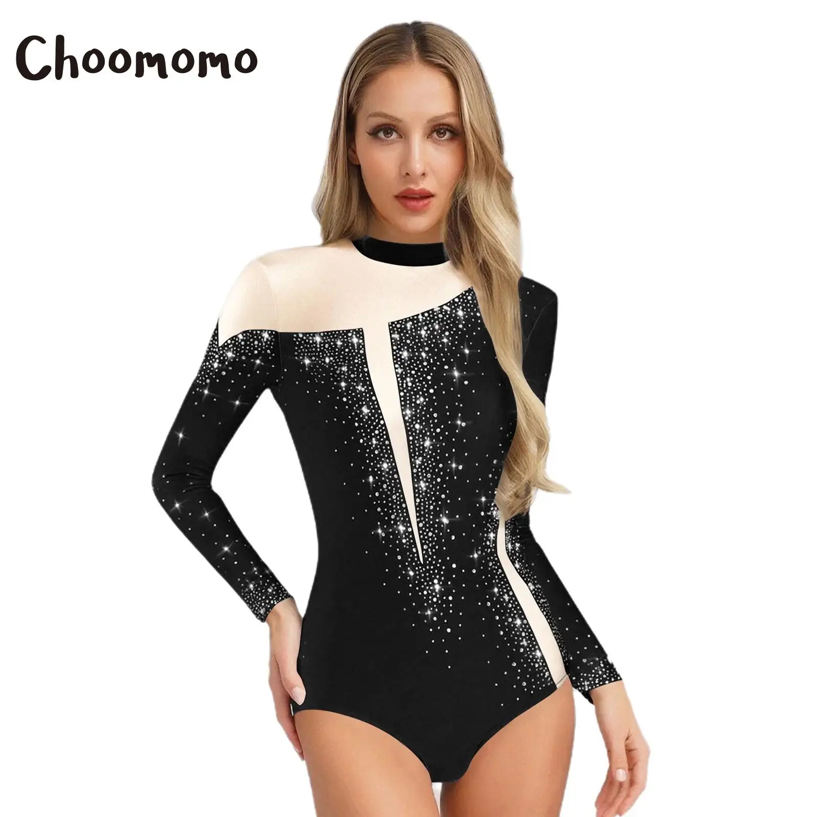 Womens Ballet Gymnastics Leotard Performance Costume Figure Skating Dancewear Rhinestones Long Sleeves Keyhole Back Jumpsuit