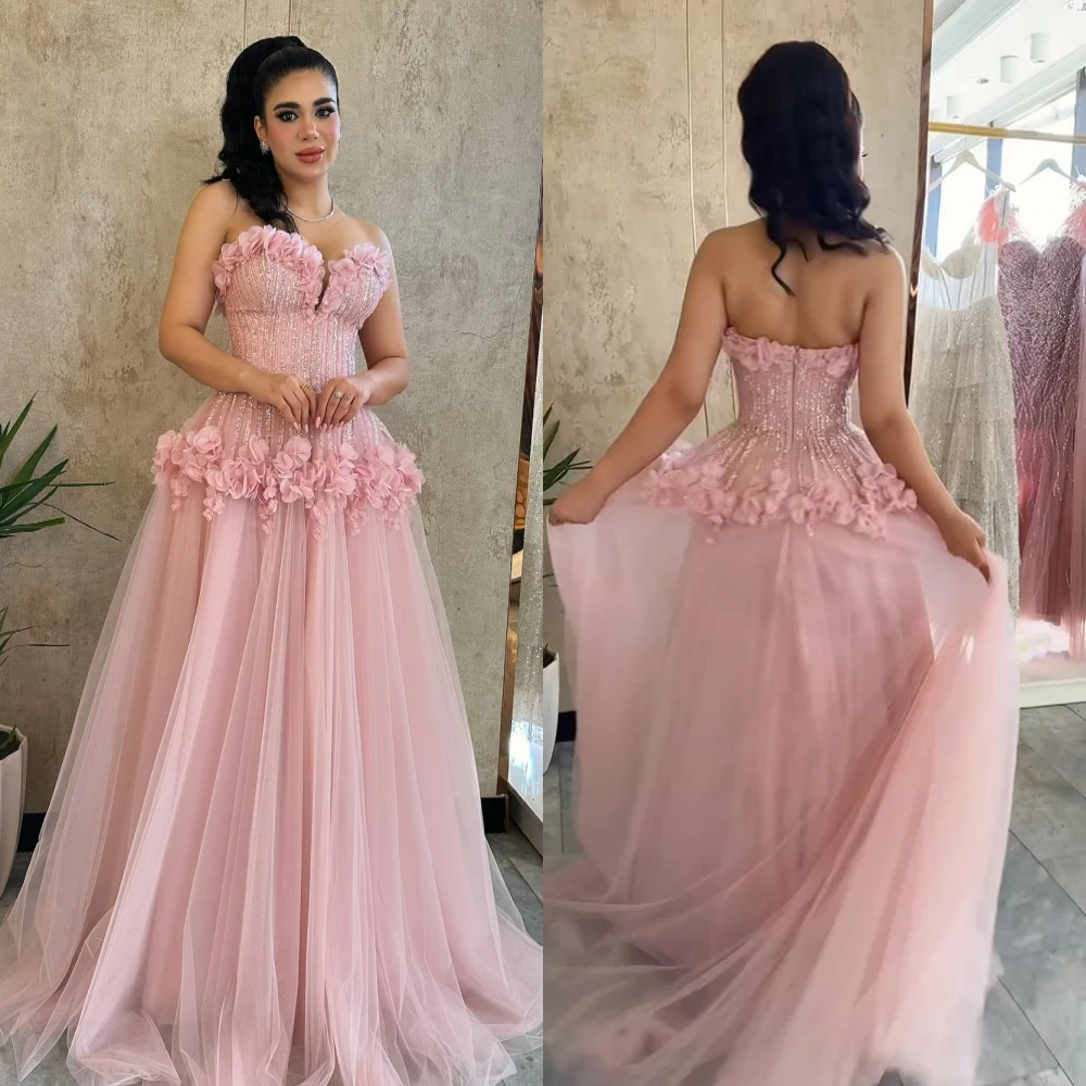 Customized   Tulle Beading Draped Flower Wedding Party A-line Strapless Bespoke Occasion Gown Long Dresses