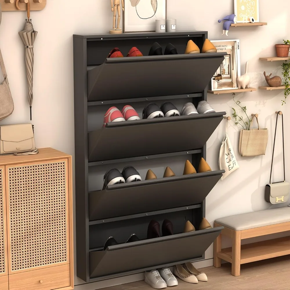 

Shoe cabinet with 4 flip drawers, ultra-thin shoe cabinet with entrance channel, black narrow shoe cabinet storage container
