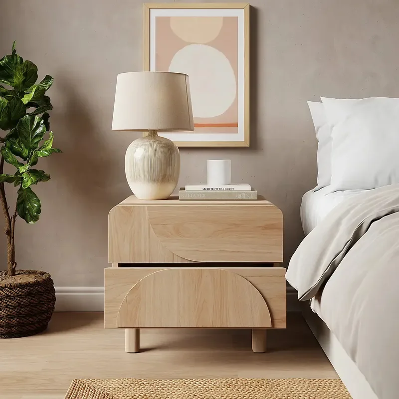 for Nordic Bedroom Furniture Modern Minimalist Light Oak Semicircular Wood Handle Solid Wood Leg Double Drawer Bedside Table