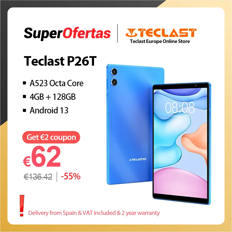 Teclast P26T Android 13 Tablet 10.1 inch IPS 4GB RAM 128GB ROM A523 8-core Dual-band Wi-Fi Type-C Widevine L1 5000mAh Tablet