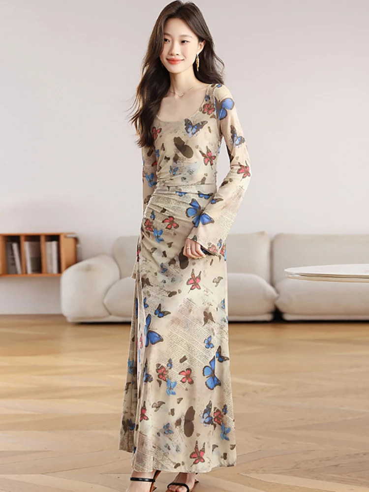 2026 Print Butterfly Pleated Dress with Long Sleeve Women Korean Vintage Luxury Long Dress Spring Autumn Elegant Bodycon Dresses