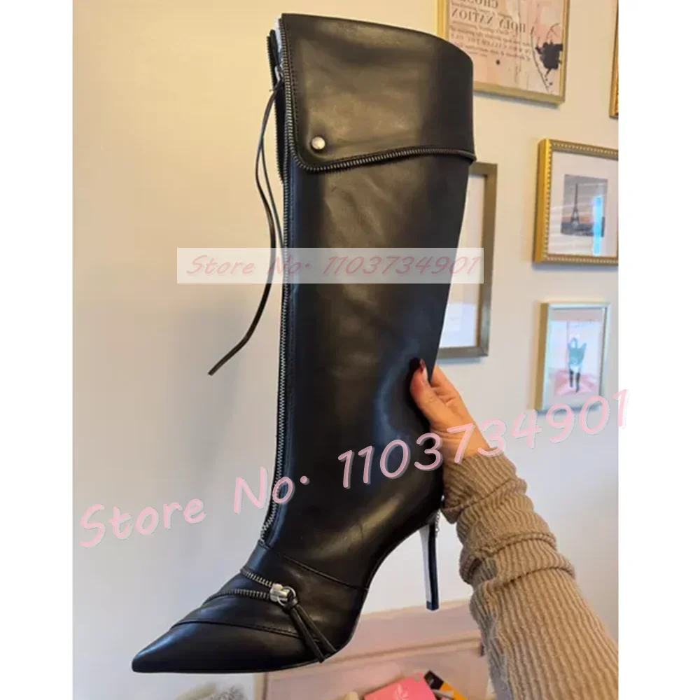 

Черные длинные сапоги с застежкой-молнией спереди, женские пикантные туфли с острым носком на высоком каблуке, женские изящные модные сапоги до колена большого размера