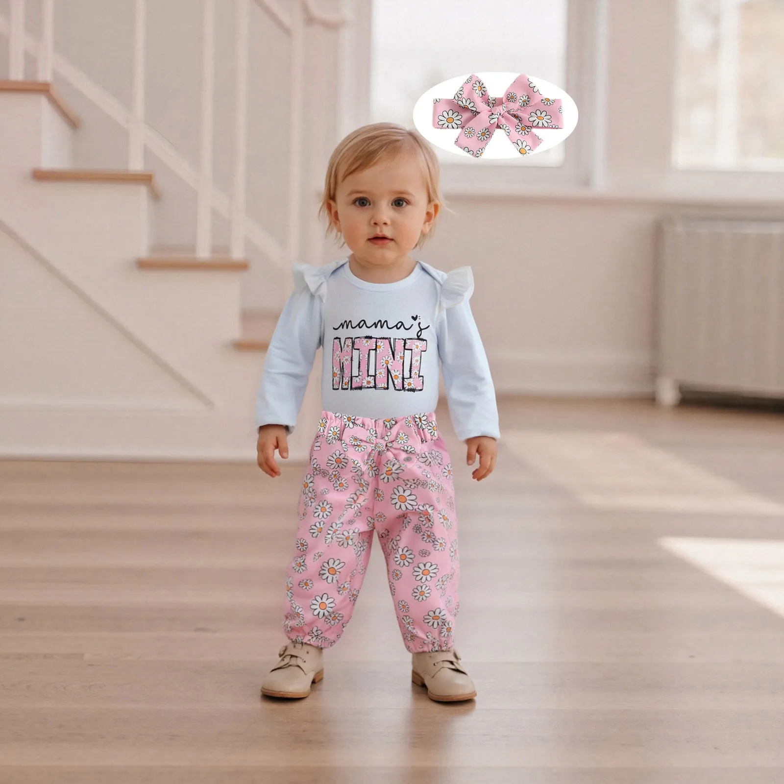 

Baby Autumn Clothes Girls Fall Long Sleeve O Neck Letter Print Romper Daisy Print Pants Headband Clothing Set