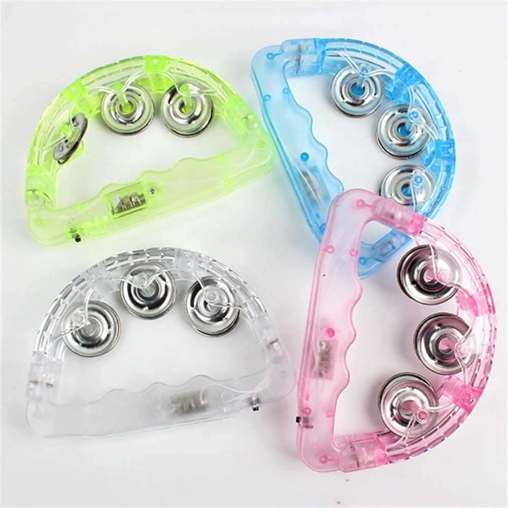 Handheld Light Up Tambourine Percussion LED Flashing Rattle Bell KTV Party Events Kids Sensory Musical Instrument 2 Random Color