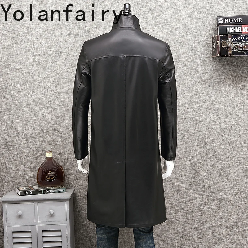 YOLANFAIRY موضة جديدة 2025 جلد الغنم الحقيقي خندق معطف الوقوف طوق سترة جلدية حقيقية رجل منتصف طول الشارع الشهير