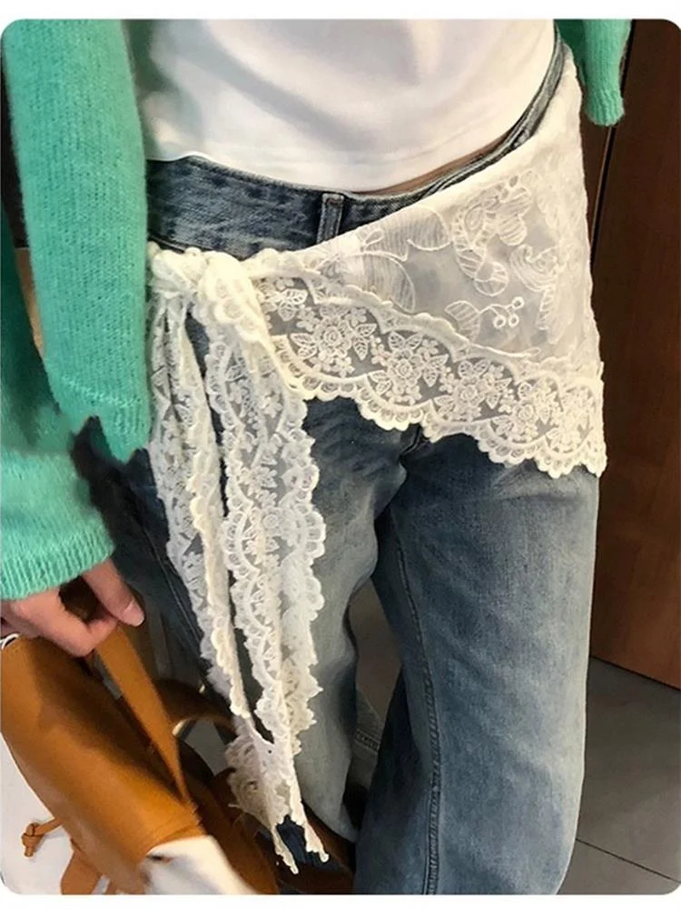 

Корейская юбка с высокой талией и кружевом, с шарфом, эластичная, без А-образного силуэта, для повседневной носки