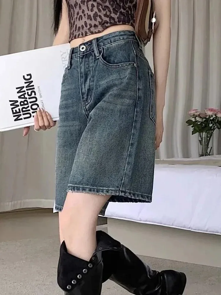 Woman Summer Korean High Waist Baggy Jean Shorts Vintage Blue Denim Shorts Women Fashion Streetwear Straight Knee Length Jeans