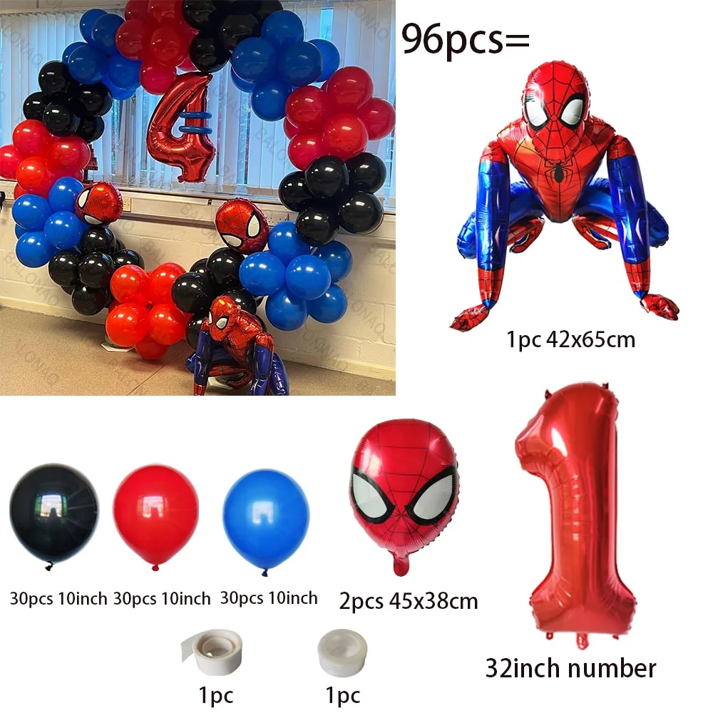 96pcs Kids Birthday Red Blue Balloons Garland Arch Kit For Party Decors Age 1-9 Spiderman 3D Foil Balloons Air Globos