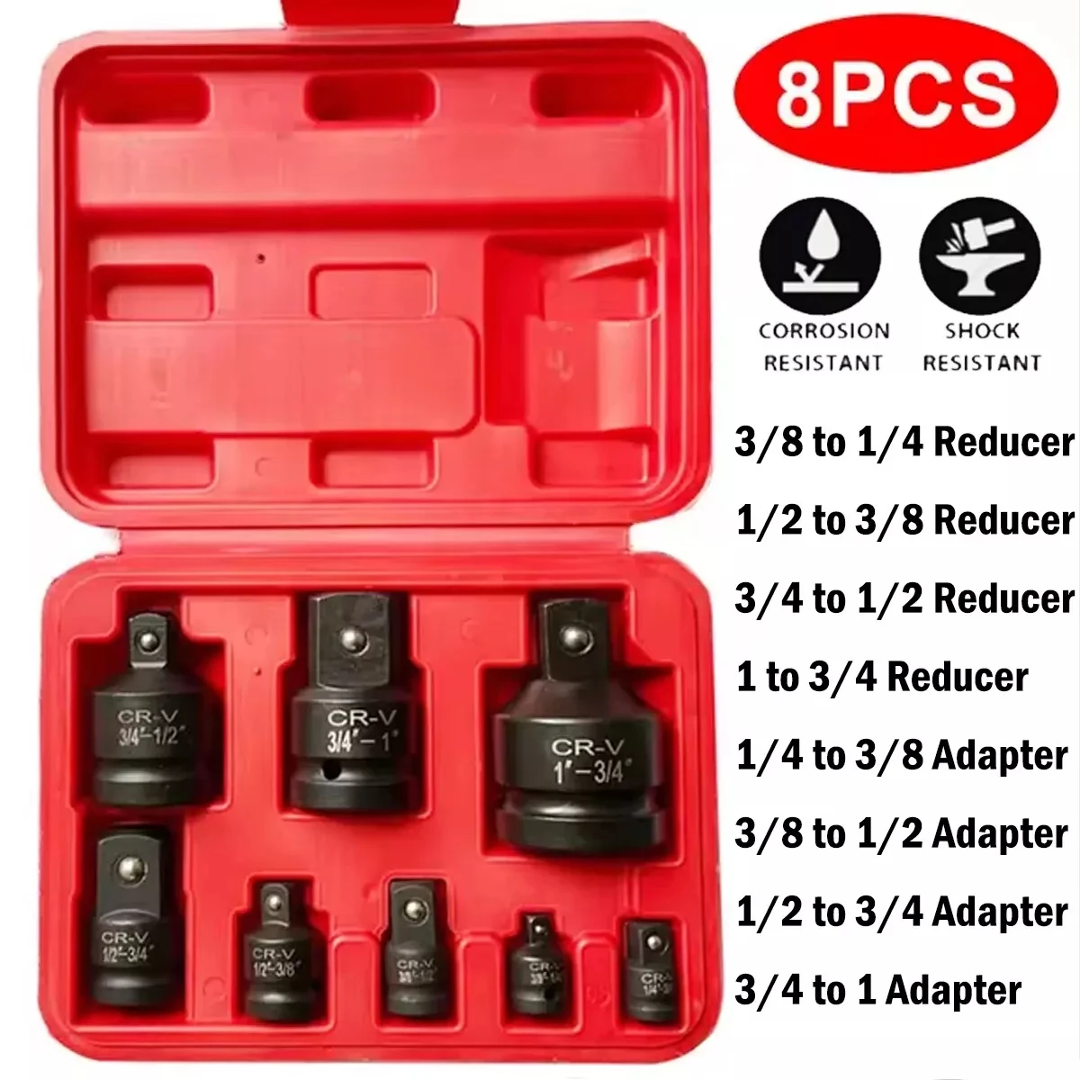 8 pçs/set adaptador de soquete de impacto, adaptador de redução de chave de soquete CR-V, kit conversor de unidade, conjunto de ferramentas de reparo manual unidade quadrada