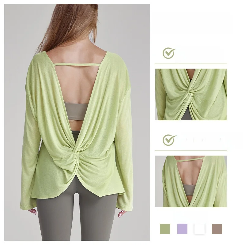 بدلة لياقة بدنية نسائية مجوفة من الخلف، بلوزة رياضية مثيرة بأكمام طويلة وخفيفة الوزن وقابلة للتنفس لليوجا #2